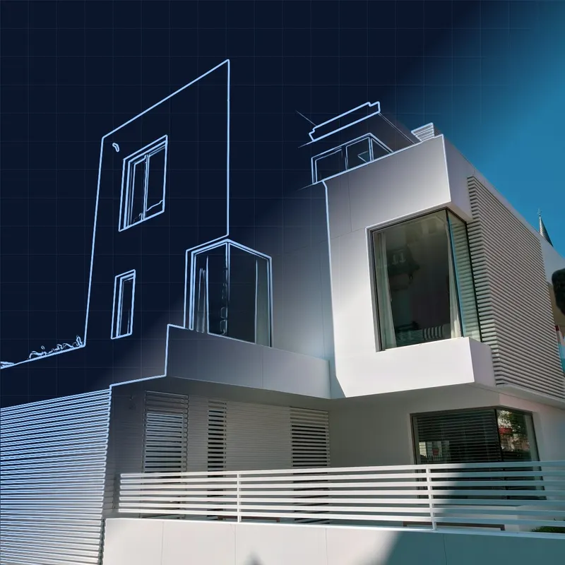 Moderna bijela kuća koja prelazi iz 3D wireframe modela u fotografiju (ilustrativni prikaz)